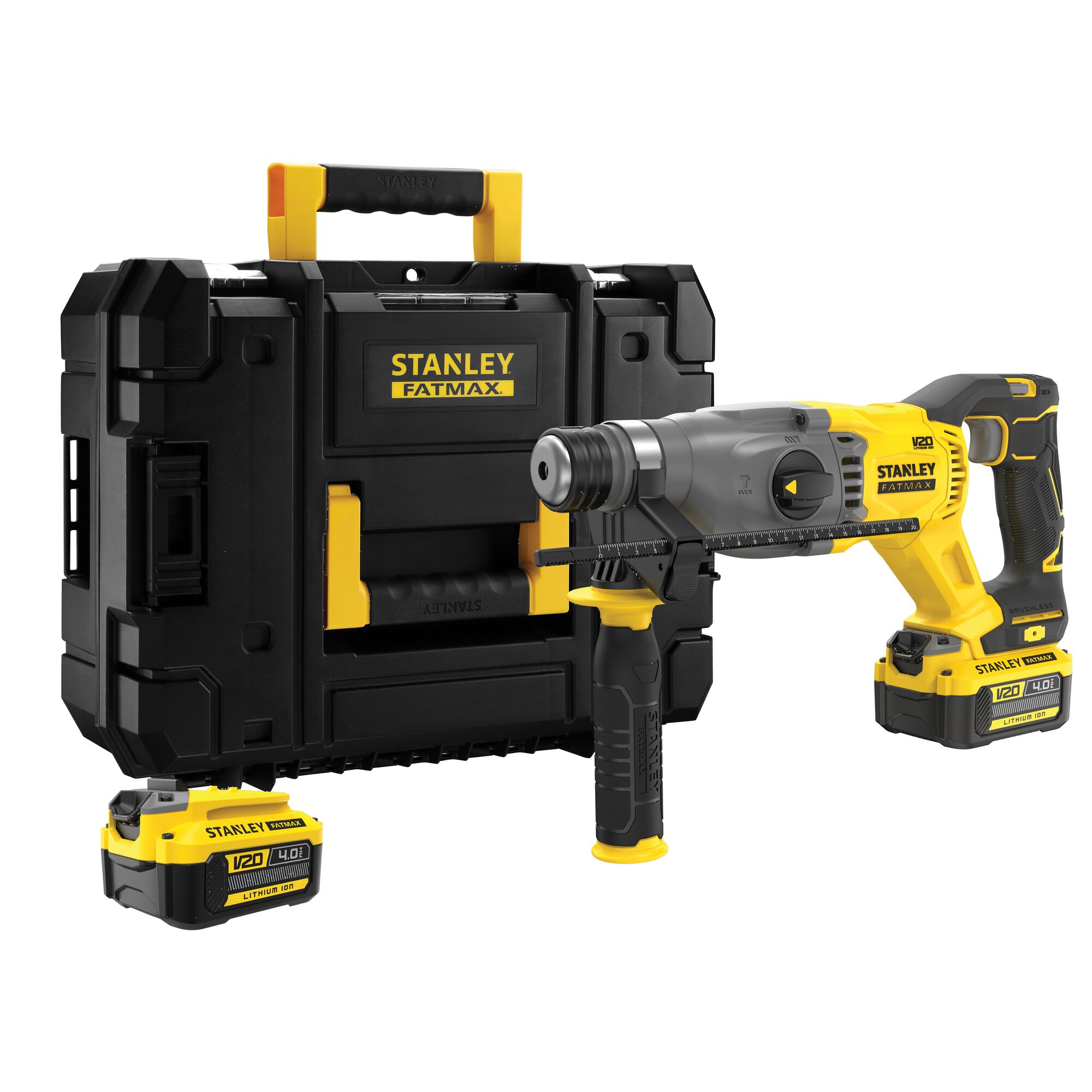 Photo of STANLEY SFMCH900M22 rotary hammer drill set with case and two batteries, front angle.